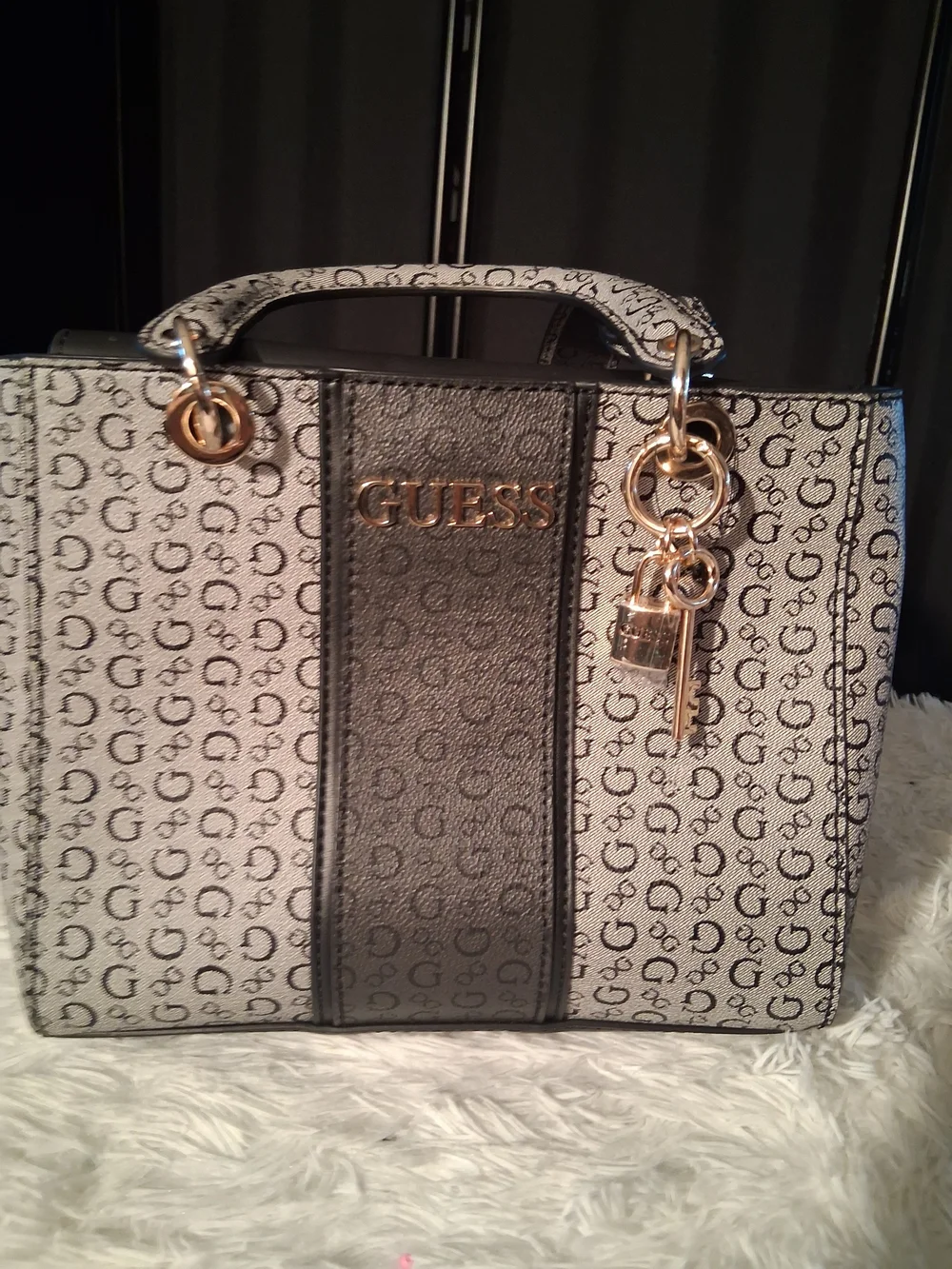 Guess Monogram Logo Satchel in Black and Gray with Gold Hardware